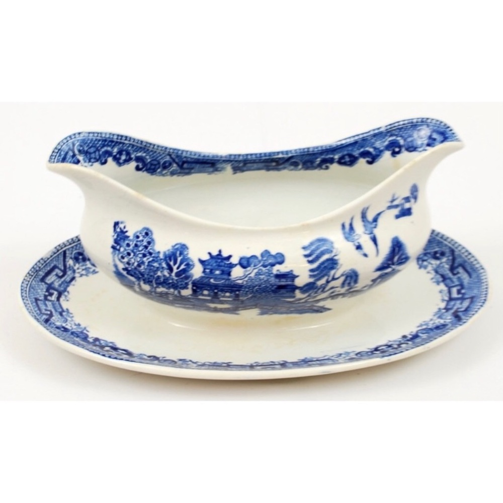 BLUE WILLOW Gravy Boat Underplate England Antique